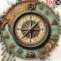 HD Printed Tin Plate Painting - 3D Relief Vintage Nautical Compass & Old Map Round Metal Sign Wall Decor for Adventure & Explora