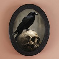 Oval Photo Frame with Gothic Art Skull and Crow - Black Circular Frame with Dark Background