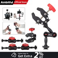 AMBITFUL 360° Double Ballhead Magic Arm With Super Clamp Kit 1/4" Screw Cold Shoe Multi-mount Adapter For Monitor LED Light Came
