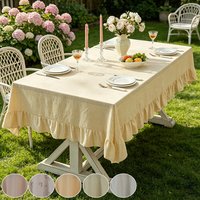 Korean Style Square Tablecloth – Cream Oil Proof Washable Ruffle Flower Pattern Table Cloth for Kitchen Home Wedding Party Decor