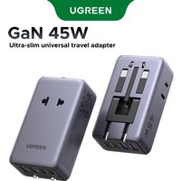 UGREEN GaN 45W Uniwersalny Adapter Podróżny na Cały Świat z 2 Portami Type-C i 2 Portami USB, Szybka Ładowarka, Gniazdo z Wtyczkami EU/US/UK/AU