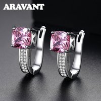 Aravant 925 Sterling Silver 8mm U Shaped Pink Zircon Hoop Earring For Women Wedding Jewelry