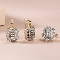 Square hollow inlaid zircon earrings ring set copper plated 14K gold luxury fashion jewelry banquet wedding Christmas gift