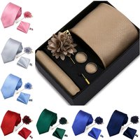 Men Tie Set Flower Pin Solid Color Necktie Hanky Cufflinks Brooch Set Top Quality Business Man Ties Buckles Gift Box Gravatas