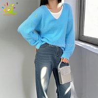 Loose Fit V Neck Knitted Sweater Stylish Pink Blue Long Sleeve Comfortable Daily Casual Wear Basic Pullover For Women
