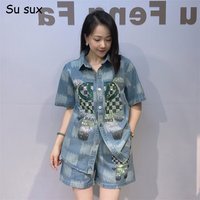 Plaid Print Denim High Waist Short Pant Sets Woman Outfits 2026 Summer Casual Turn Down Collar Short Sleeve Blouse 2 Pieces