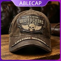 Casquette de baseball vintage délavée pour homme, broderie tête de mort et ailes, patch en cuir avec rivets, chapeau rétro de motard, casquette de soleil réglable pour l'extérieur