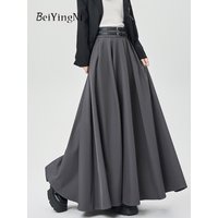 Beiyingni 2024 Autumn Long Maxi Pleated Skirt Women Double Belt Elegant Korean Fashion A-line Skirts Ladies Solid Color Faldas