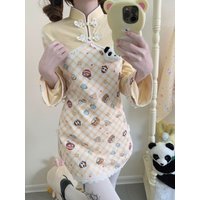 French Elegant Cheongsam Lolita Dress Kawaii Coiled Button Short Dresses Cute Print Design Slim Fit Clothes Women Autumn Winter
