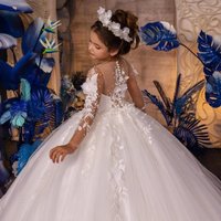 White Flower Girl Dresses For Wedding Floral Lace Appliques Floor Length Baby Girl Birthday Dresses For Photoshoot Customized