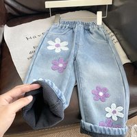 Mädchen-Jeans mit Fleecefutter und Blumenmuster, warme, lässige, lockere Winterhose