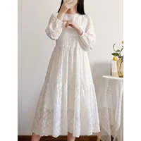 Spring And Autumn New Skirts French Vintage Embroidery Sweet Long Dress Temperament Loose Sleeve Lace Dress