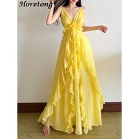 Horetong 2026 Summer New Women's Yellow V Neck Spaghetti Strap Ruffle Asymmetrical Maxi Dress Backless Beach Vacation Dresses