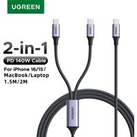 UGREEN USB C Cable 2-in-1 140W PD3.1 Fast Charging 1 to 2 Type C Braided Nylon Cord for iPhone16 iPad Samsung MacBook Dual USB-C