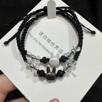 Minimalist Design Couple Bracelet Cute Black White Rabbit Woven Bracelet Beaded Moonstone Obsidian Cat Bracelet Couple Wear