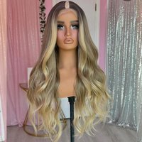 Long Wavy Blonde Ombre brown Highlight Body Wave Quality Peruvian 100% Human Hair U Part Wigs for Women v part wig 200% density