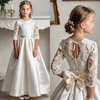 Elegant A-Line Flower Girl Dress Satin Lace Printing Idyllic First Communion Gowns Kids Girls Birthday Party Evening Gown