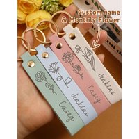 Personalized PU Leather Keychain - With Birth Flower, Matching Keychains For Couples, Customizable Text Cute Key Chain,