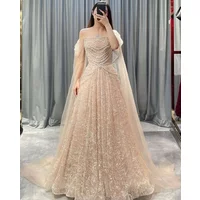 OLOEY Sparkly Champagne Evening Dresses Off Shoulder Tulle Cape Sleeves Long Elegant Wedding Party Dress Prom Gowns Formal