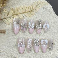 10PCS Pink French Handmade Press on Nails Sweet 3D Bowknot Music Notes Almond with Metallic Star Diamonds False Nails Wings Tips