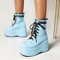 INS Patent PU Leather Blue Green Black Lace-up Punk Goth Runway Women's Winter Shoes Platform Wedges Heels Ankle Riding Boots
