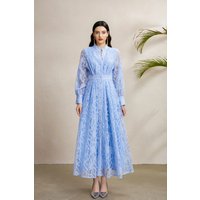 Elegant Blue Long Lantern Sleeve Pleated V-Neck Dress Women's Fashion Spring Autumn Tour Short Sleeve Polyester Skirt