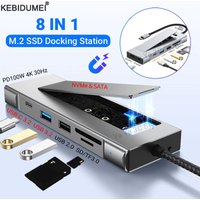 8-in-1 USB-C Hub M.2 SSD Enclosure Support NVME&SATA With 4K 30HZ HD PD 100W USB 3.2 SD/TF Reader For Macbook Laptop