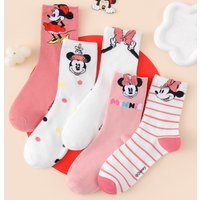 5 Pairs of Disney Pink White Cute Minnie Women's Anime Socks With Polka Dot Striped Print Sweet Casual Girl Gift Socks