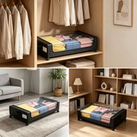Black Underbed Storage Box with Wheels Lid, Space Saving Organizer for Shoes Clothes, Perfect Home Gift
