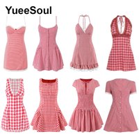 Red Plaid Mini Dress 2026 Summer New Y2K Evening Wedding Party Club Sexy Women Dresses Elegant Sweet Cute Casual Female Clothing