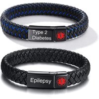 Red Medical Men's Bracelet,Black Genuine Leather ID Bracelet,Type 1/2 Diabetes Alzheimer Epilepsy Customize Bracelet
