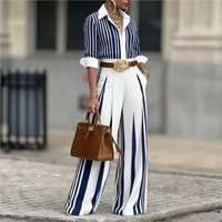 Spring Autumn Fashion Printed Striped Long Sleeve Shirt Women Suit Wide Leg Pocket Pants Female Office 2piece Set Including Belt