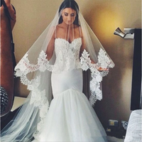 White Ivory Two-Layers Mandolin Cathedral Veil 4M Bridal Veils Lace Appliques All Lace Edge Wedding Veils Vestido De Noiva Longo