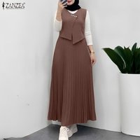 ZANZEA Muslim Fashion Women Maxi Dress Layered Design Color-Blocked Patchwork Pleated Long Dresses Islamic Hijabs Abaya Robes