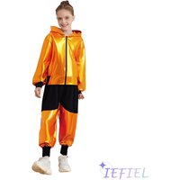 Kids Girls Boys Hip-Hop Jazz Dance Outfit Long Sleeve Zipper Metallic Hooded Jacket with Elastic Waistband Color Block Pants