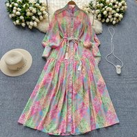 Retro Elegant Pleated Lace Up Stand Collar Chiffon Dress A-line Lantern Sleeve Casual High Waist Dress Women Spring Autumn Dress