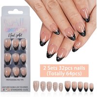VITAGWX 64pcs Almond Press on Nails 2Sets 32pcs Fake Nails Black French Tip Nails Reusable Short False Nails Cat-eye Nail Art