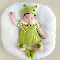 3M-2Y Cute Style Baby Bodysuit Peter Pan Collar Cartoon Decal Green Stripe Jumpsuit for Boys and Girls Soft Toddler Romper