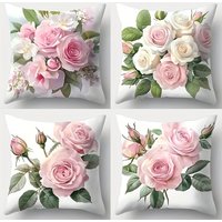 Elegant Pink Rose White Floral Pillow Covers Polyester Zip Closure Cushion Cover Contemporary Living Room Decorative Pillowcase