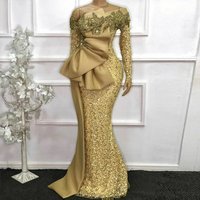 Gold Sequins Mermaid Mother Of Bride Dresses Full Sleeves Lace Applique Beading Wedding Evening Dress Customized فساتين السه
