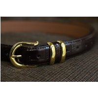Blueblues Vintage Designed Crocodile Embossed Top Layer Cowhide Genuine Leather Belt Coffee Dark Brown Gold Buckle