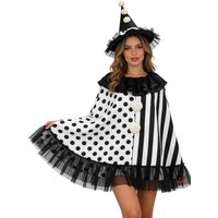 。◕‿◕。Women Terrifier Art Clown Cosplay Costume ❤ Hat Cape Coat Scary Stage Halloween Disguise Performance Cosplay set