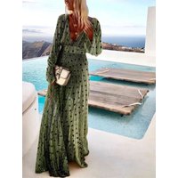 Elegant Gradient Waist-Cinching V-Neck Maxi Dress Women's Fashion Holiday Style A-Line Skirt Long Sleeve Loose Fit Zipper Clo...