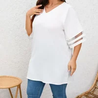 Plus Size 1XL-5XL New Women’s Loose VNeck Mesh Stitching 3/4 Sleeve Casual Holiday Blouse Tunic Shirts Tops