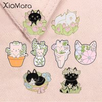 Cute Floral Cat Enamel Pins Cartoon Tulip Flower Vase Potted Kitten Kawaii Animal Brooches Lapel Badge Jewelry Gifts for Friends