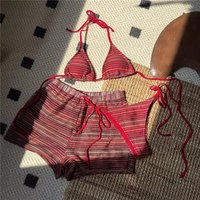 Fashion Vintage Women Swimsuit knitted Striped Bikini Set Tie Details Small Busts Fit Swimwear Beach Vacations