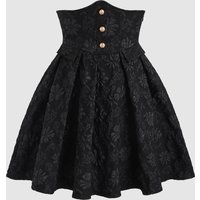 Black floral jacquard strapless dress with button embellishments and puff style skirt