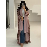 Eid Women Print Abaya with Scarf Muslim Open Dress Bow Sleeve Caftan Long Robe Jalabiya Ramadan Morocco Dubai Kaftan Islam 2025