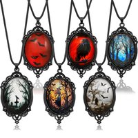 Gothic Raven Cross Glass Pendant Necklace Vintage Rope Chain Crow Choker Mystic Witch Jewelry Gift Accessories for Women Men