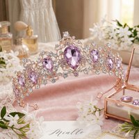 Luxury Vintage Rose Gold Bridal Tiara Purple Crystal Teardrop Crown Rhinestone Queen Diadem Wedding Hair Accessories for Women